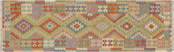 Flat Weave Kilim, Antique, Navaho, Vintage, Handmade, Geometric Kilim Gold Blue Hand-Woven Runner 100% Wool Area Rug 3 x 10